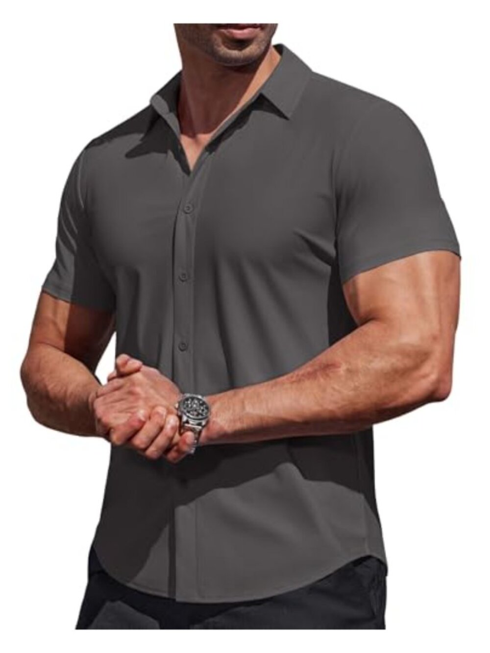 Men's Muscle Fit Wrinkle Free Short Sleeve Button Down Stretch Dress Shirt